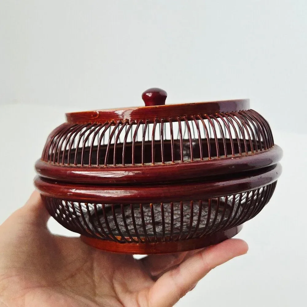 Vintage Japanese Handwoven Bamboo Lacquered Wagashi Basket w/ Lid Cricket Cage